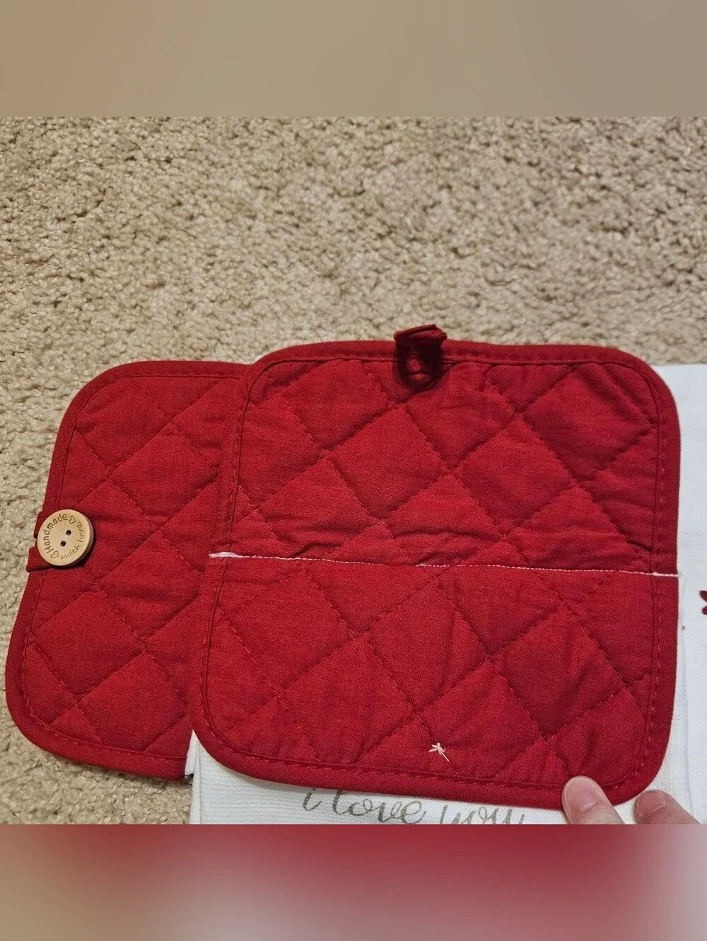2 Handcrafted Potholders Attached To Towels | Red + White | Tomatoes